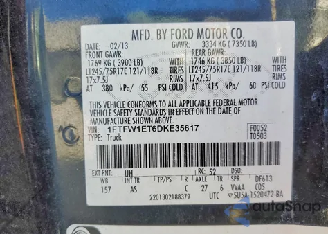 2013 Ford F150 Supercrew z USA, uszkodzony, nr VIN 1FTFW1ET6DKE35617